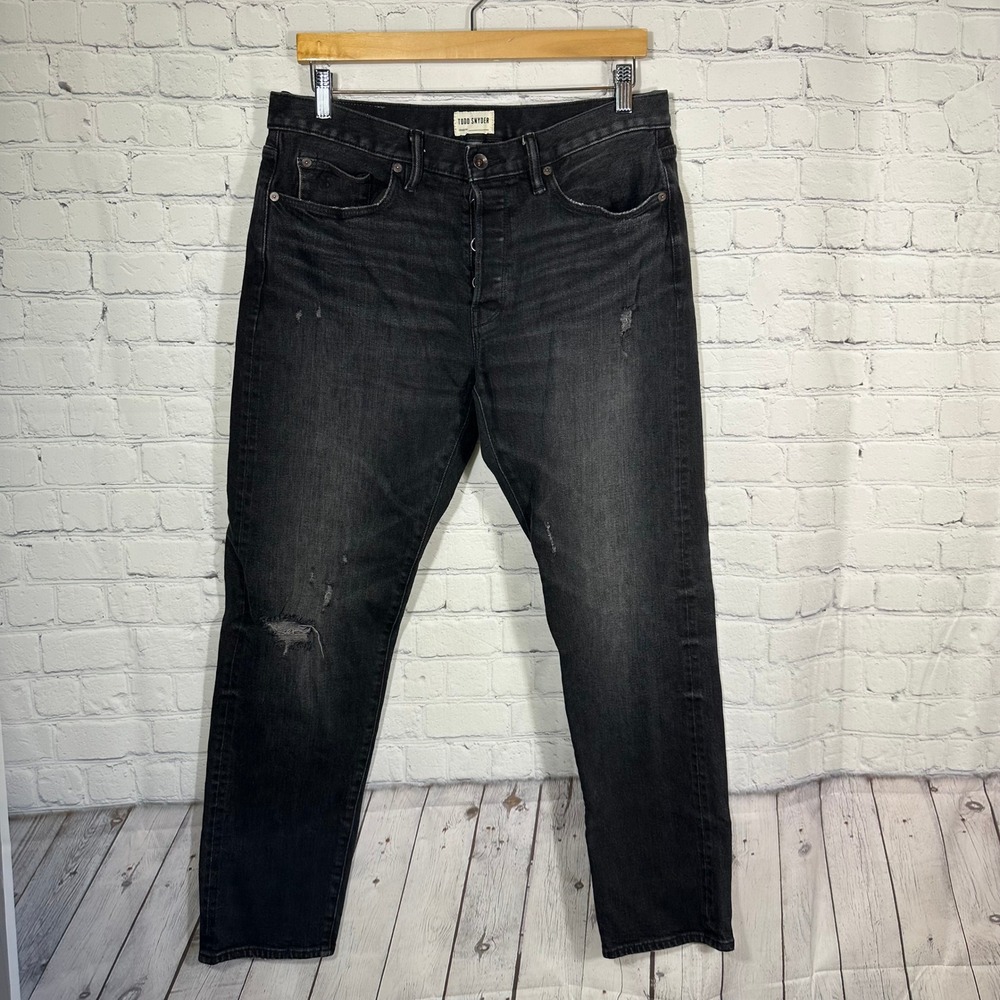 Todd Snyder Mens Distressed Button‎ Fly Jeans Faded Black Straight Leg Denim